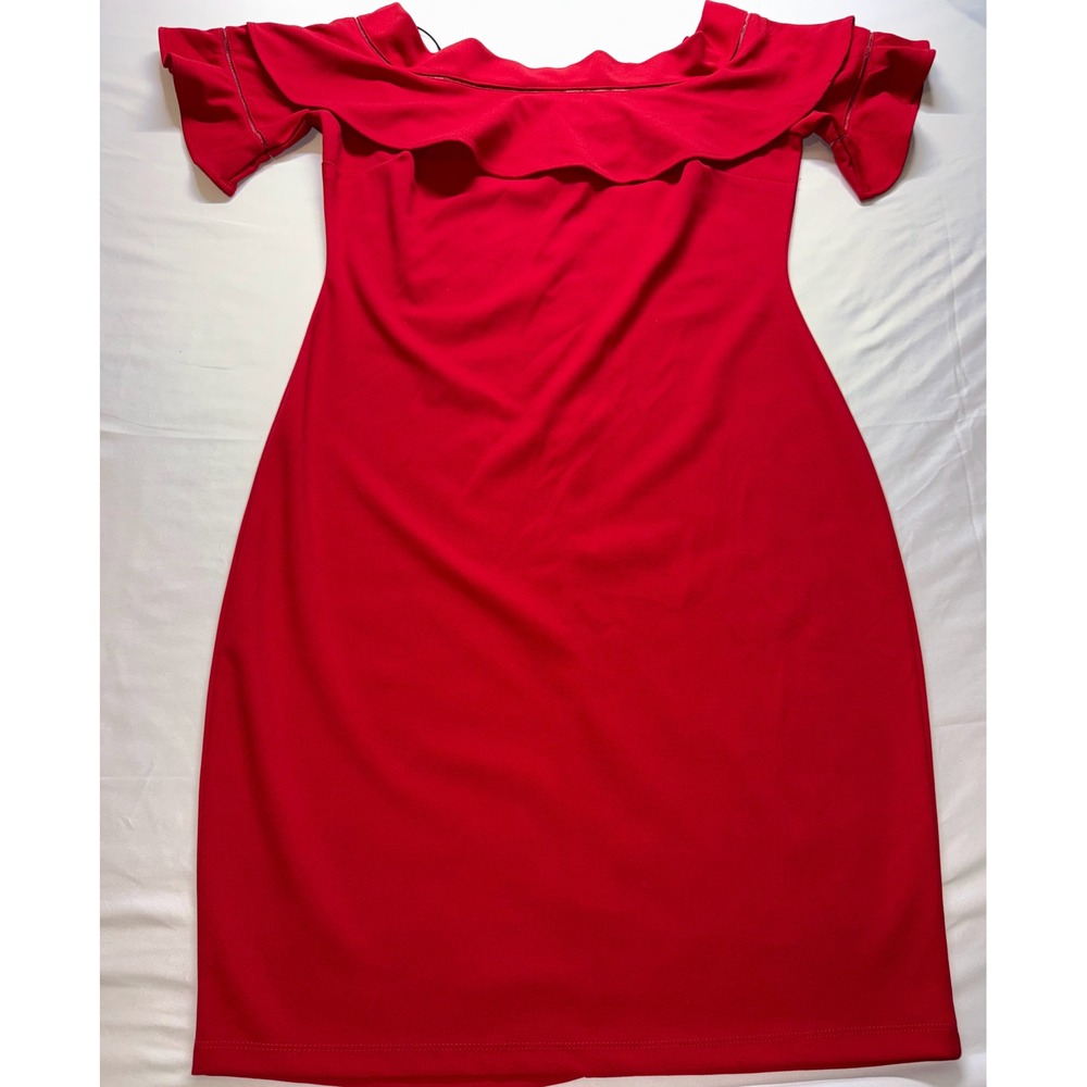 Symphony Dress Womens 1XL Red Off Shoulder Ruffle Sheath Cocktail Party